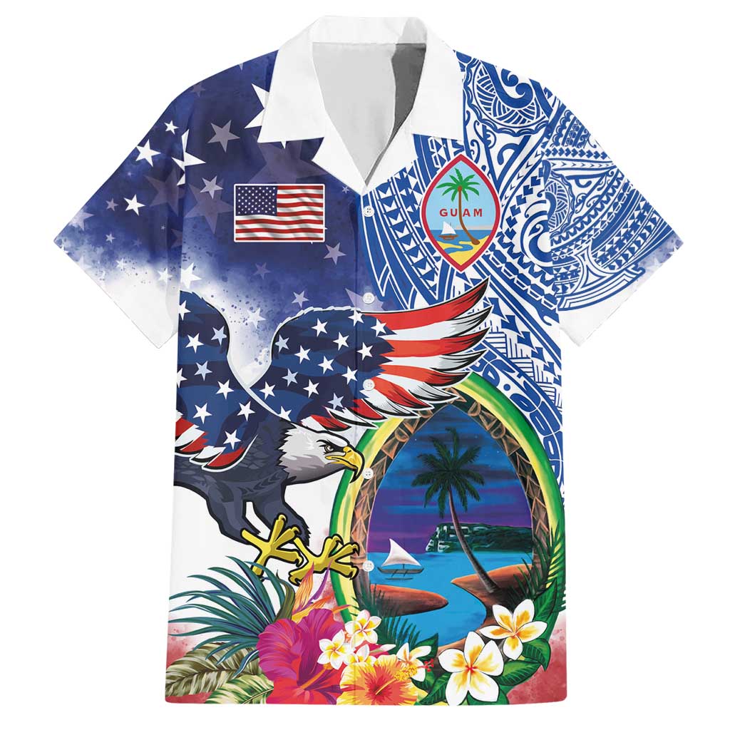Guam and United States Together Family Matching Short Sleeve Bodycon Dress and Hawaiian Shirt Bald Eagle and Guam Seal with Flower and Tribal Tattoos - Polynesian Pride