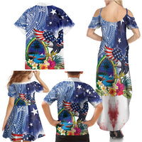 Guam and United States Together Family Matching Summer Maxi Dress and Hawaiian Shirt Bald Eagle and Guam Seal with Flower and Tribal Tattoos - Polynesian Pride
