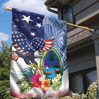 Guam and United States Together Garden Flag Bald Eagle and Guam Seal with Flower and Tribal Tattoos - Polynesian Pride