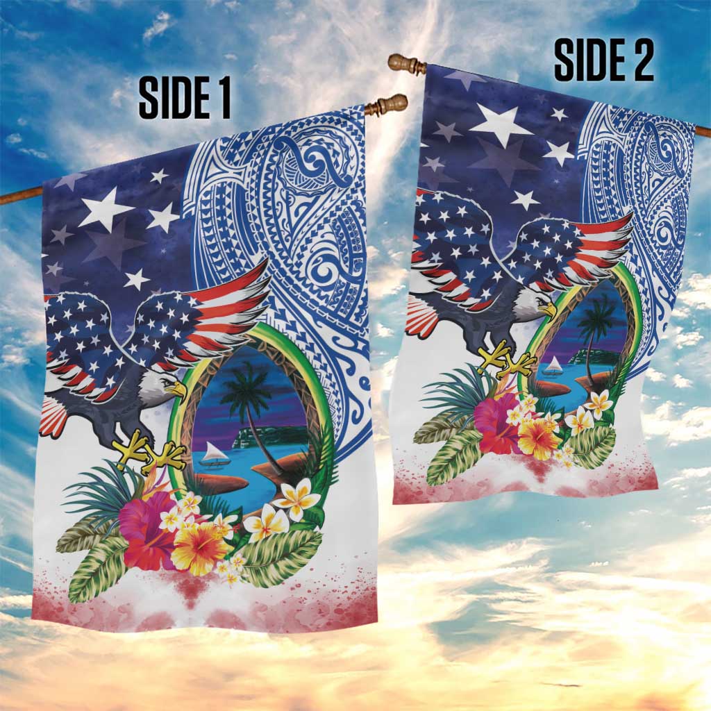 Guam and United States Together Garden Flag Bald Eagle and Guam Seal with Flower and Tribal Tattoos - Polynesian Pride