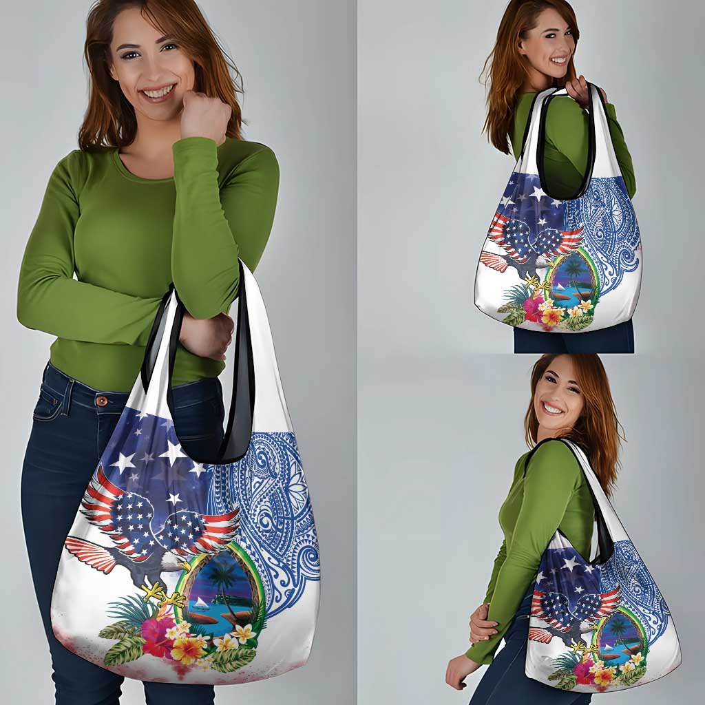 Guam and United States Together Grocery Bag Bald Eagle and Guam Seal with Flower and Tribal Tattoos - Polynesian Pride