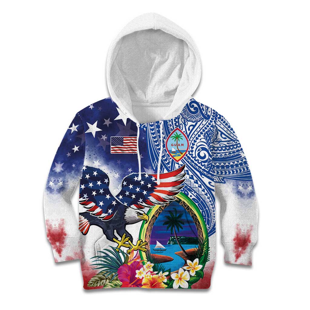 Guam and United States Together Kid Hoodie Bald Eagle and Guam Seal with Flower and Tribal Tattoos - Polynesian Pride