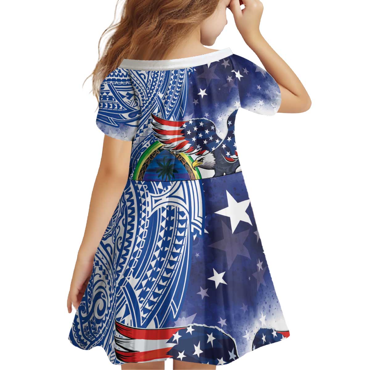 Guam and United States Together Kid Short Sleeve Dress Bald Eagle and Guam Seal with Flower and Tribal Tattoos - Polynesian Pride