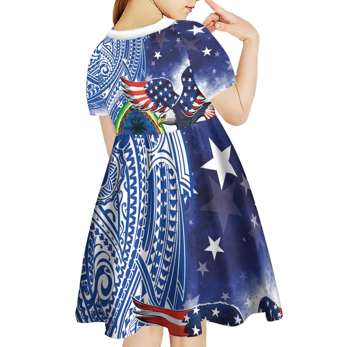 Guam and United States Together Kid Short Sleeve Dress Bald Eagle and Guam Seal with Flower and Tribal Tattoos - Polynesian Pride