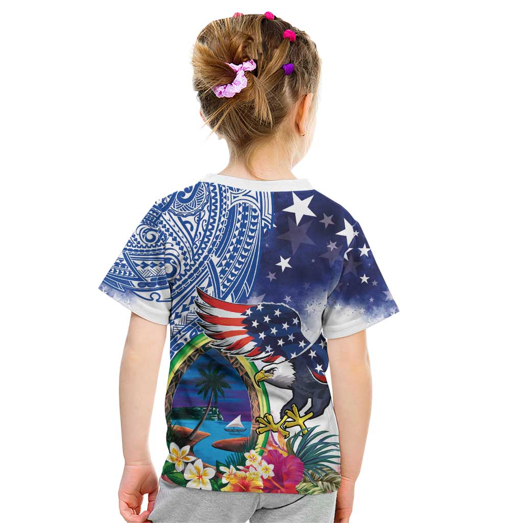 Guam and United States Together Kid T Shirt Bald Eagle and Guam Seal with Flower and Tribal Tattoos - Polynesian Pride
