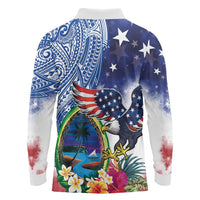 Guam and United States Together Long Sleeve Polo Shirt Bald Eagle and Guam Seal with Flower and Tribal Tattoos - Polynesian Pride