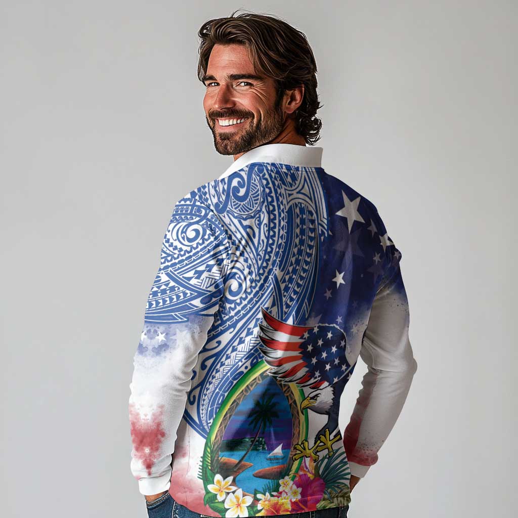 Guam and United States Together Long Sleeve Polo Shirt Bald Eagle and Guam Seal with Flower and Tribal Tattoos - Polynesian Pride
