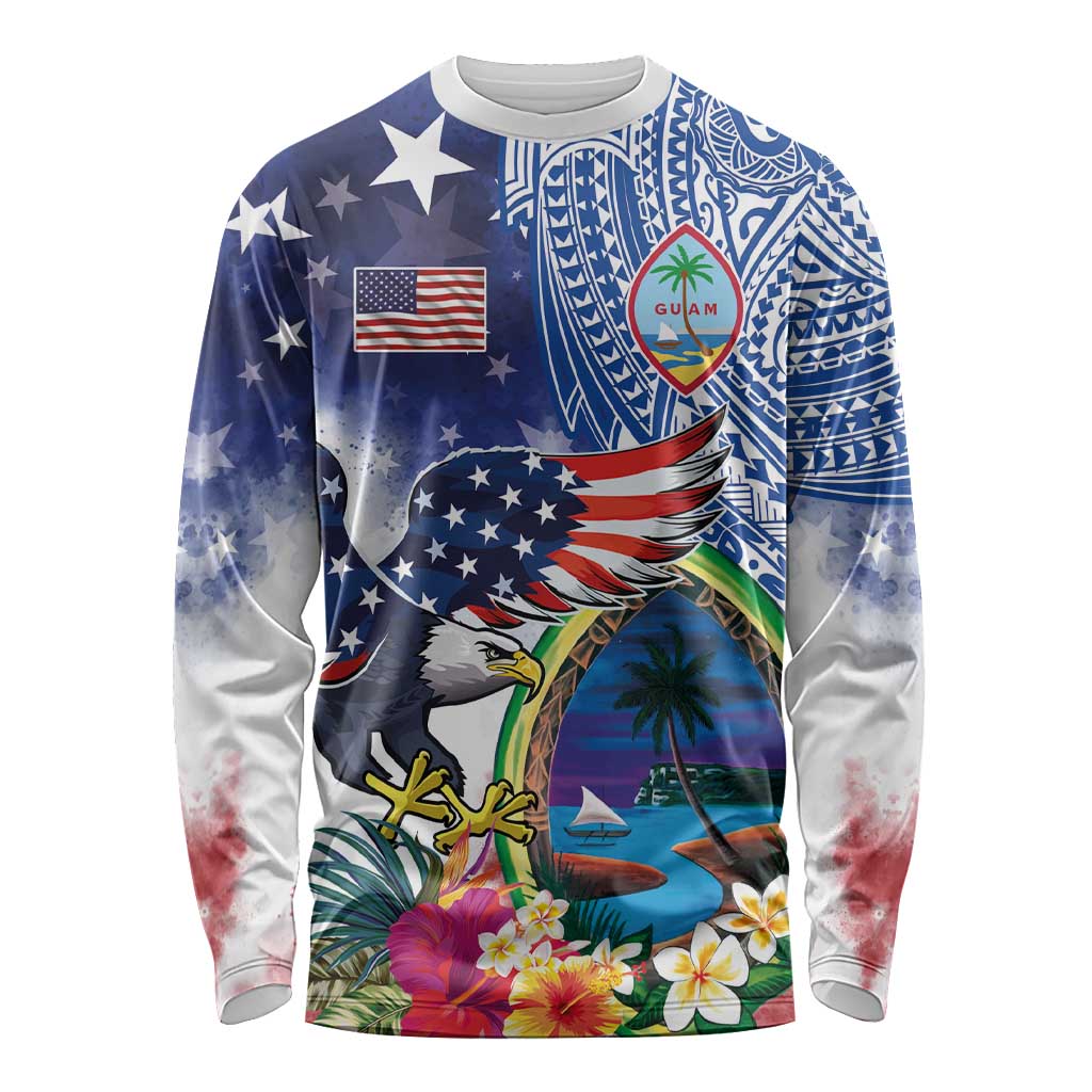 Guam and United States Together Long Sleeve Shirt Bald Eagle and Guam Seal with Flower and Tribal Tattoos LT03 Unisex Multicolor - Polynesian Pride