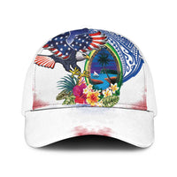 Guam and United States Together Mesh Trucker Cap Bald Eagle and Guam Seal with Flower and Tribal Tattoos - Polynesian Pride