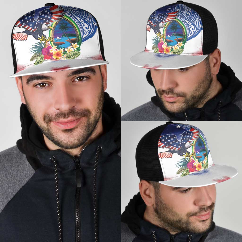 Guam and United States Together Mesh Trucker Cap Bald Eagle and Guam Seal with Flower and Tribal Tattoos - Polynesian Pride