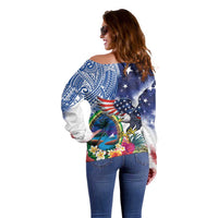 Guam and United States Together Off Shoulder Sweater Bald Eagle and Guam Seal with Flower and Tribal Tattoos - Polynesian Pride