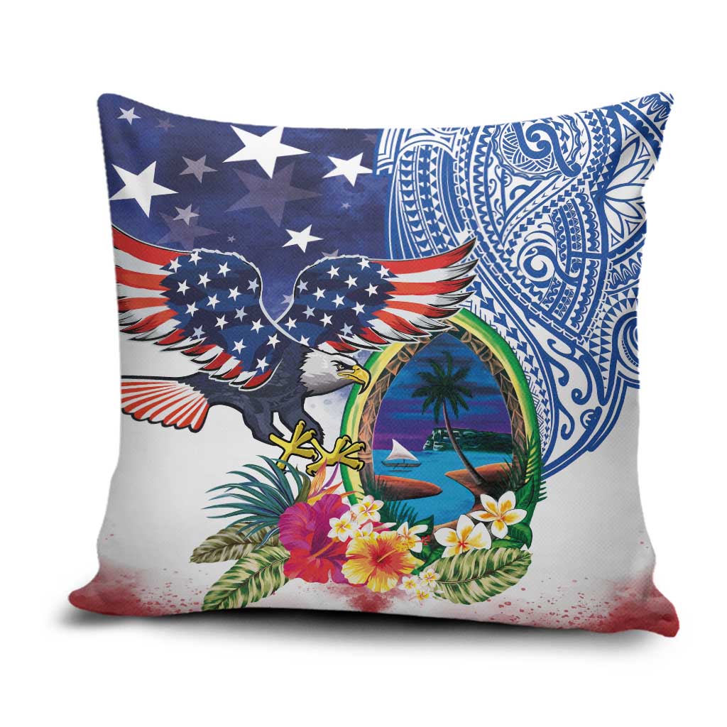 Guam and United States Together Pillow Cover Bald Eagle and Guam Seal with Flower and Tribal Tattoos - Polynesian Pride