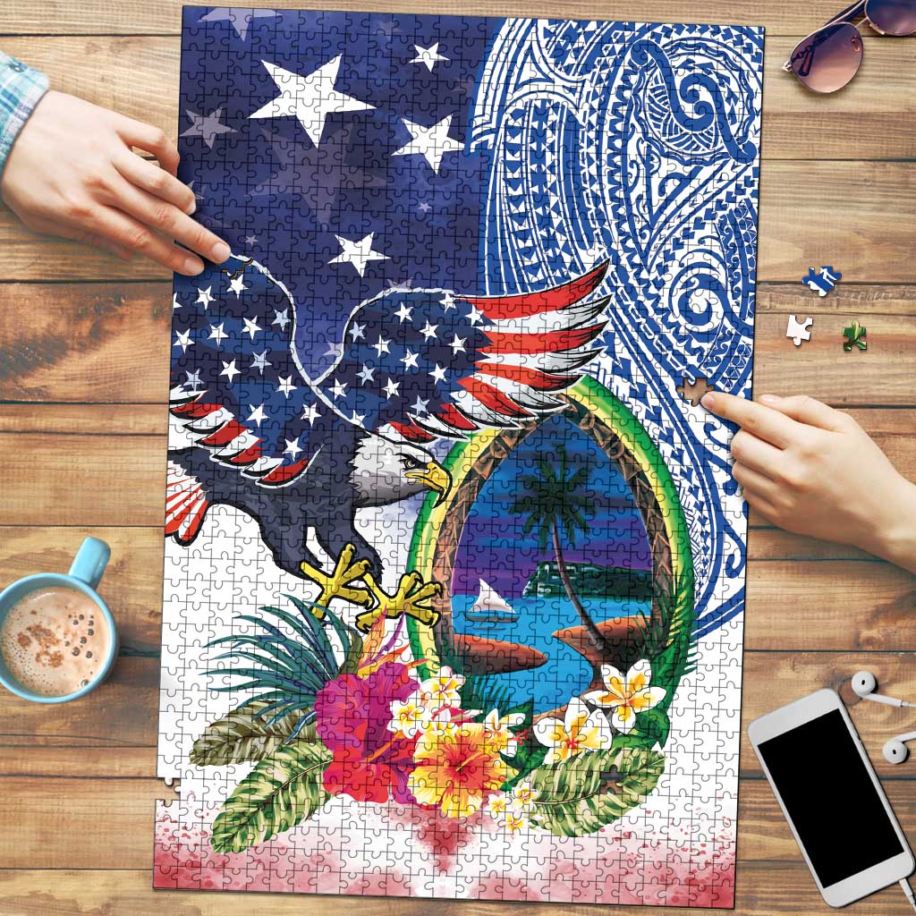 Guam and United States Together Puzzle Bald Eagle and Guam Seal with Flower and Tribal Tattoos LT03 Multicolor - Polynesian Pride