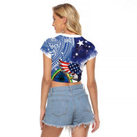 Guam and United States Together Raglan Cropped T Shirt Bald Eagle and Guam Seal with Flower and Tribal Tattoos - Polynesian Pride