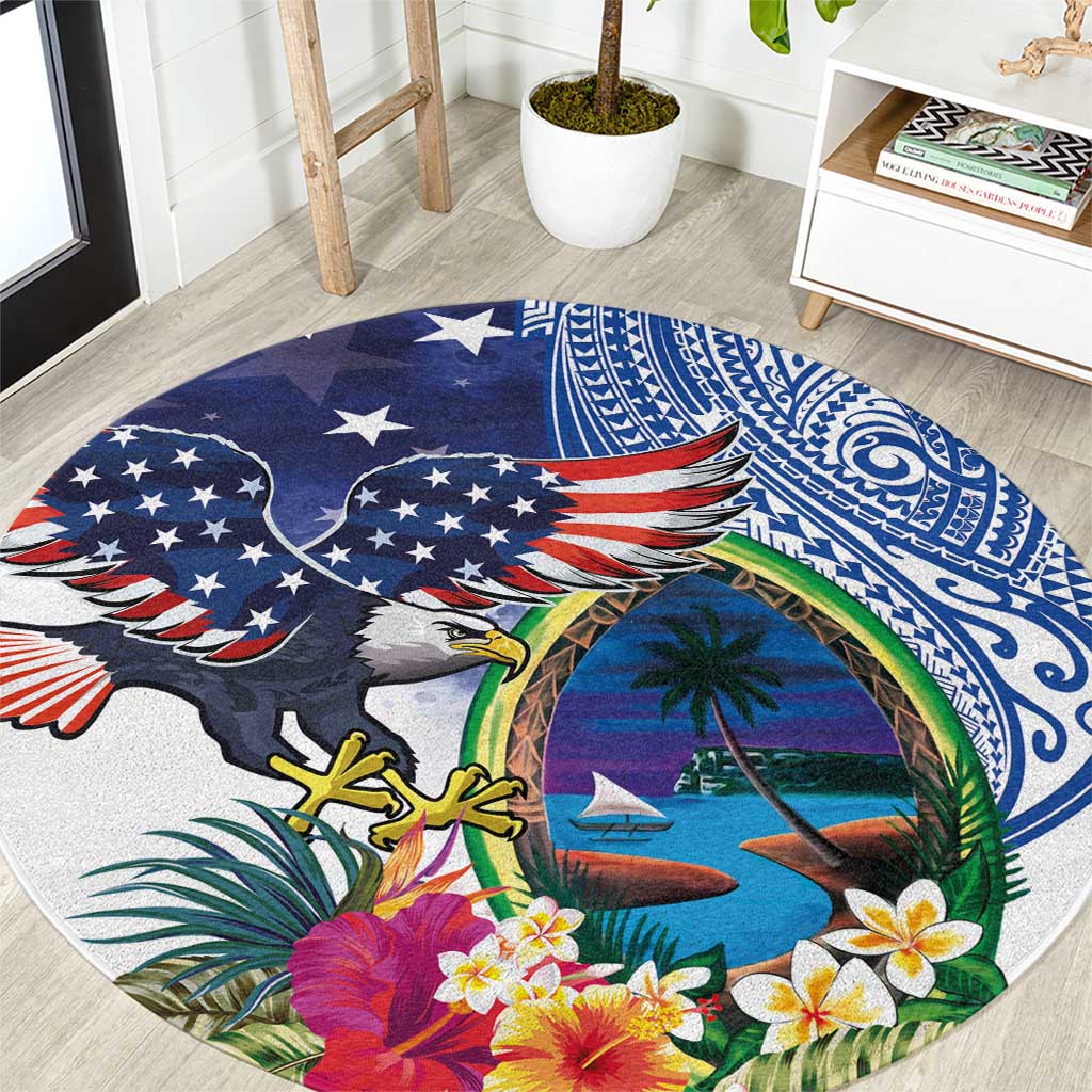 Guam and United States Together Round Carpet Bald Eagle and Guam Seal with Flower and Tribal Tattoos - Polynesian Pride