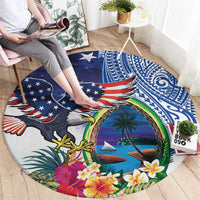 Guam and United States Together Round Carpet Bald Eagle and Guam Seal with Flower and Tribal Tattoos - Polynesian Pride
