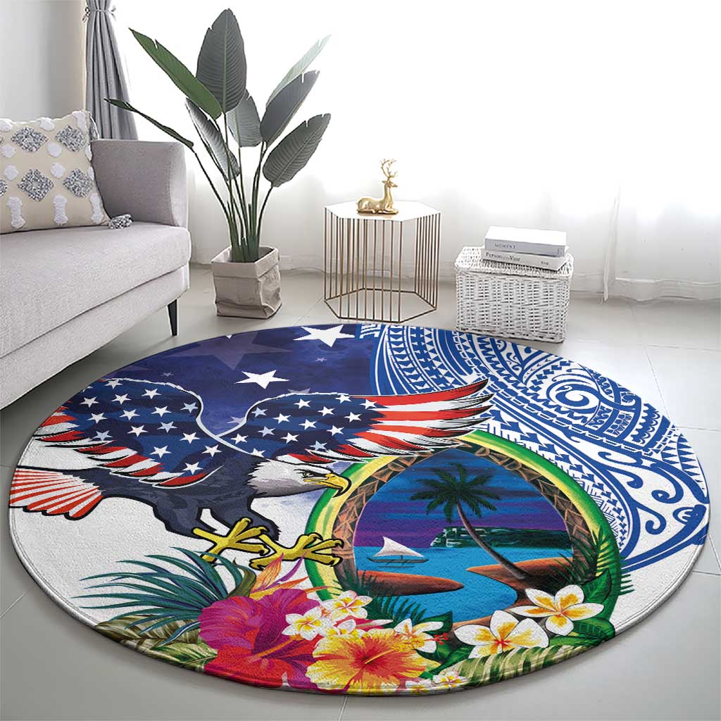 Guam and United States Together Round Carpet Bald Eagle and Guam Seal with Flower and Tribal Tattoos - Polynesian Pride