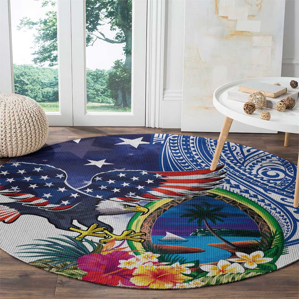 Guam and United States Together Round Carpet Bald Eagle and Guam Seal with Flower and Tribal Tattoos - Polynesian Pride