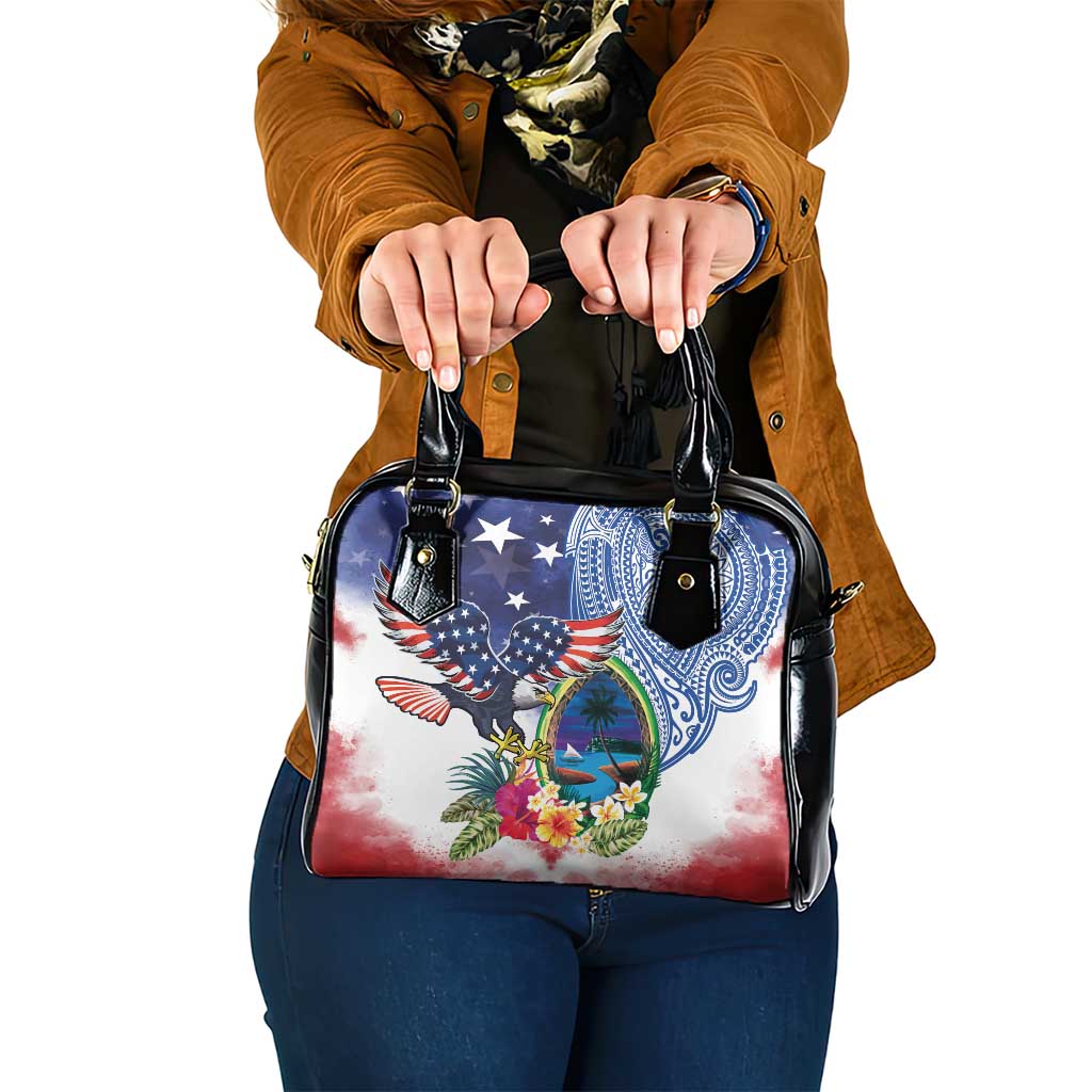 Guam and United States Together Shoulder Handbag Bald Eagle and Guam Seal with Flower and Tribal Tattoos - Polynesian Pride