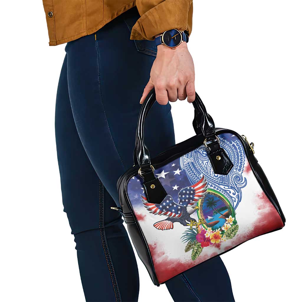 Guam and United States Together Shoulder Handbag Bald Eagle and Guam Seal with Flower and Tribal Tattoos - Polynesian Pride