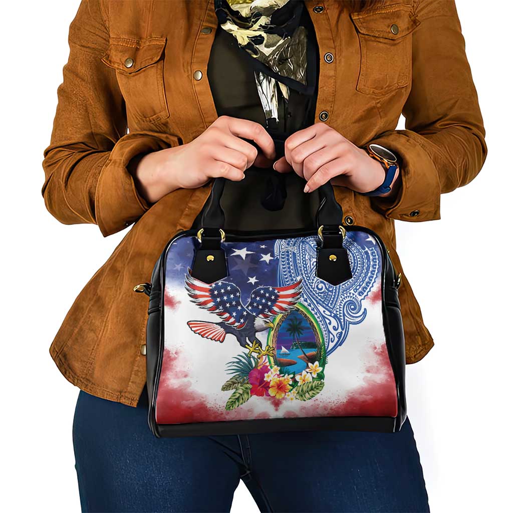 Guam and United States Together Shoulder Handbag Bald Eagle and Guam Seal with Flower and Tribal Tattoos - Polynesian Pride