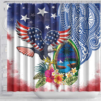 Guam and United States Together Shower Curtain Bald Eagle and Guam Seal with Flower and Tribal Tattoos - Polynesian Pride