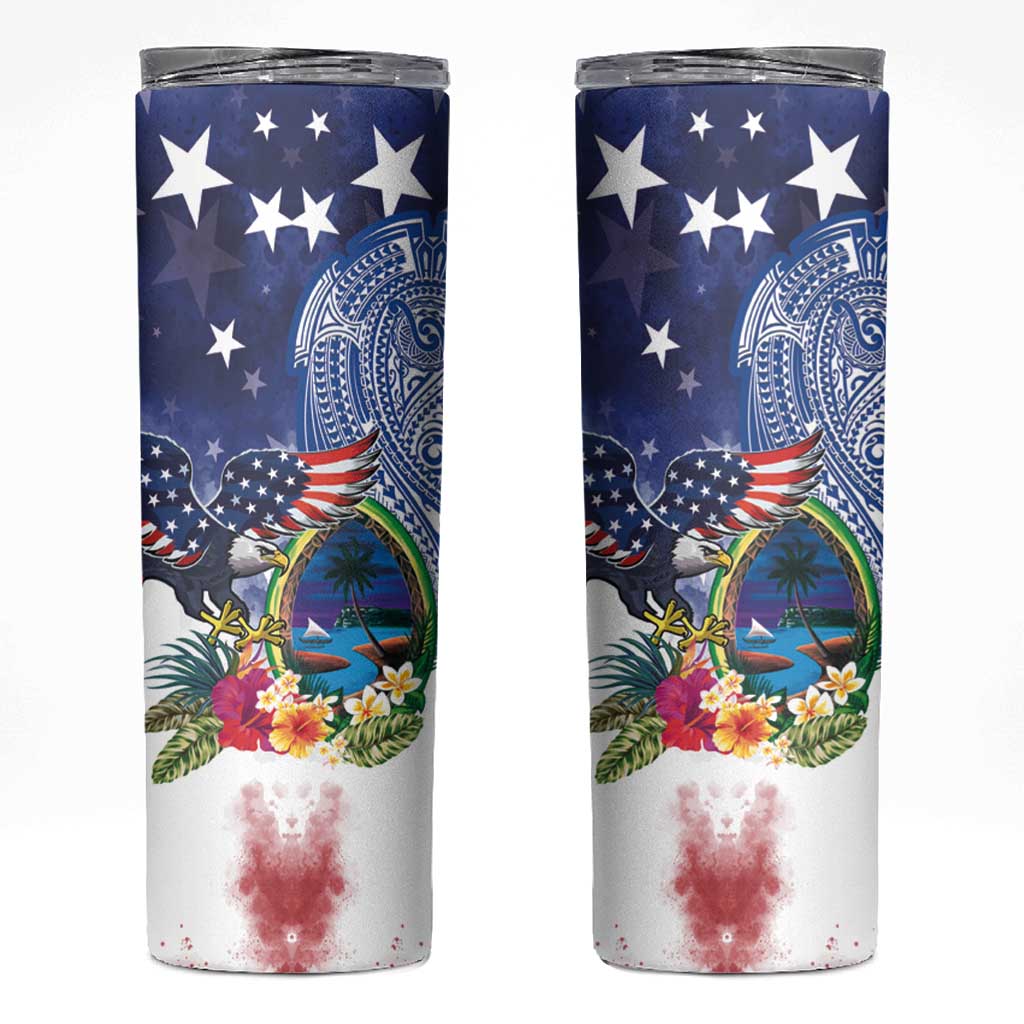 Guam and United States Together Skinny Tumbler Bald Eagle and Guam Seal with Flower and Tribal Tattoos - Polynesian Pride