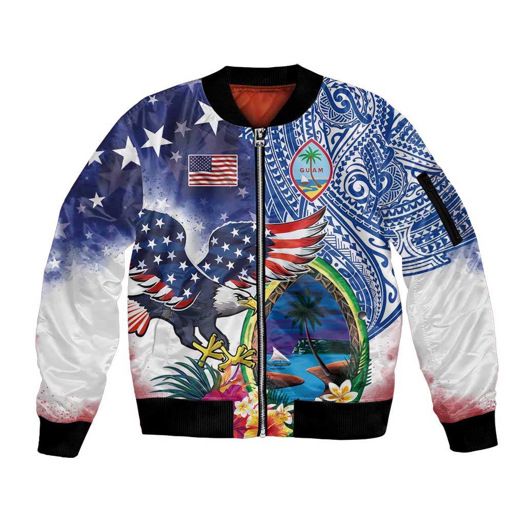 Guam and United States Together Sleeve Zip Bomber Jacket Bald Eagle and Guam Seal with Flower and Tribal Tattoos LT03 Unisex Multicolor - Polynesian Pride