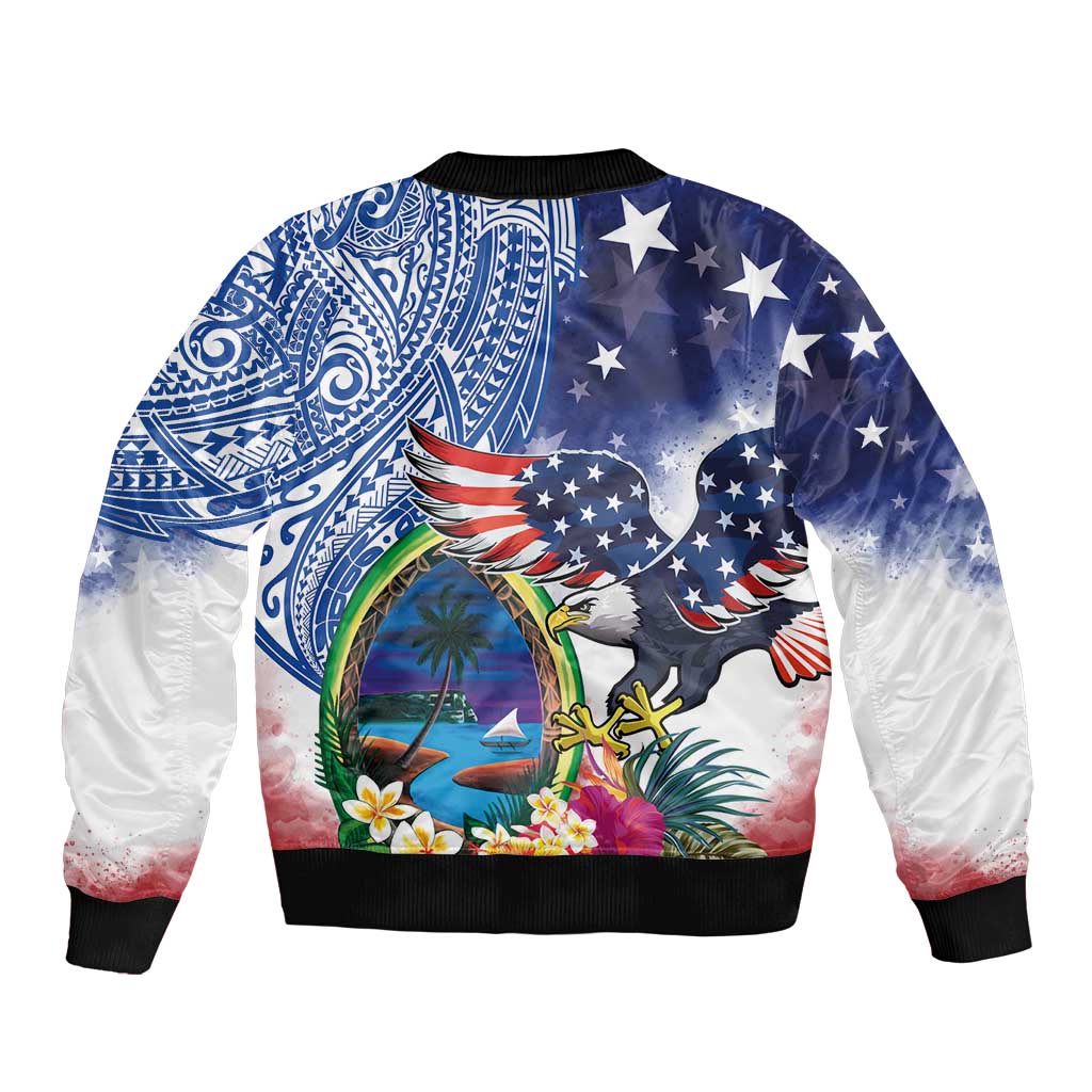 Guam and United States Together Sleeve Zip Bomber Jacket Bald Eagle and Guam Seal with Flower and Tribal Tattoos LT03 - Polynesian Pride