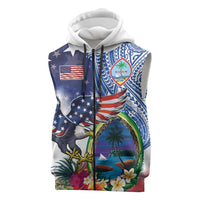Guam and United States Together Sleeveless Zip Hoodie Bald Eagle and Guam Seal with Flower and Tribal Tattoos - Polynesian Pride