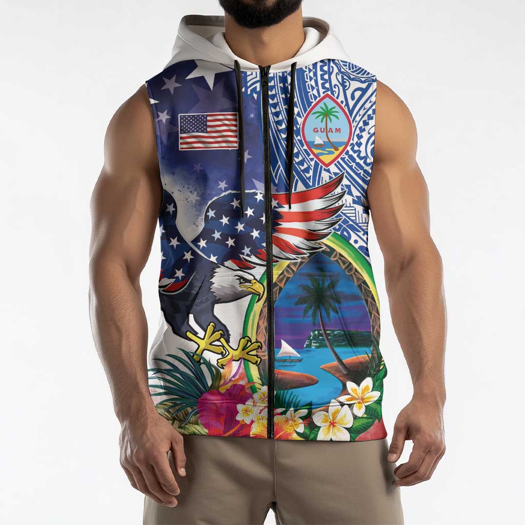 Guam and United States Together Sleeveless Zip Hoodie Bald Eagle and Guam Seal with Flower and Tribal Tattoos - Polynesian Pride