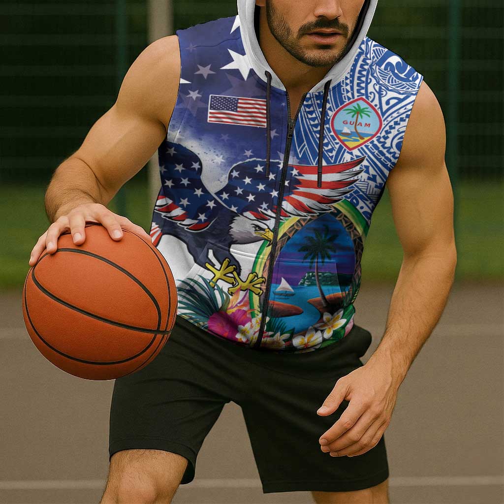 Guam and United States Together Sleeveless Zip Hoodie Bald Eagle and Guam Seal with Flower and Tribal Tattoos - Polynesian Pride