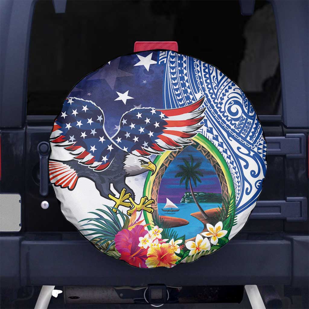 Guam and United States Together Spare Tire Cover Bald Eagle and Guam Seal with Flower and Tribal Tattoos - Polynesian Pride