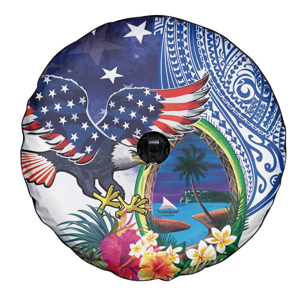 Guam and United States Together Spare Tire Cover Bald Eagle and Guam Seal with Flower and Tribal Tattoos - Polynesian Pride