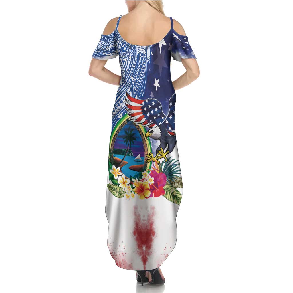 Guam and United States Together Summer Maxi Dress Bald Eagle and Guam Seal with Flower and Tribal Tattoos - Polynesian Pride