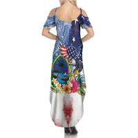 Guam and United States Together Summer Maxi Dress Bald Eagle and Guam Seal with Flower and Tribal Tattoos - Polynesian Pride