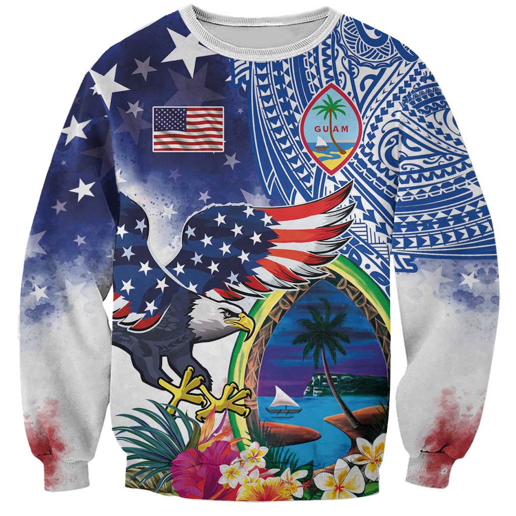 Guam and United States Together Sweatshirt Bald Eagle and Guam Seal with Flower and Tribal Tattoos LT03 Unisex Multicolor - Polynesian Pride