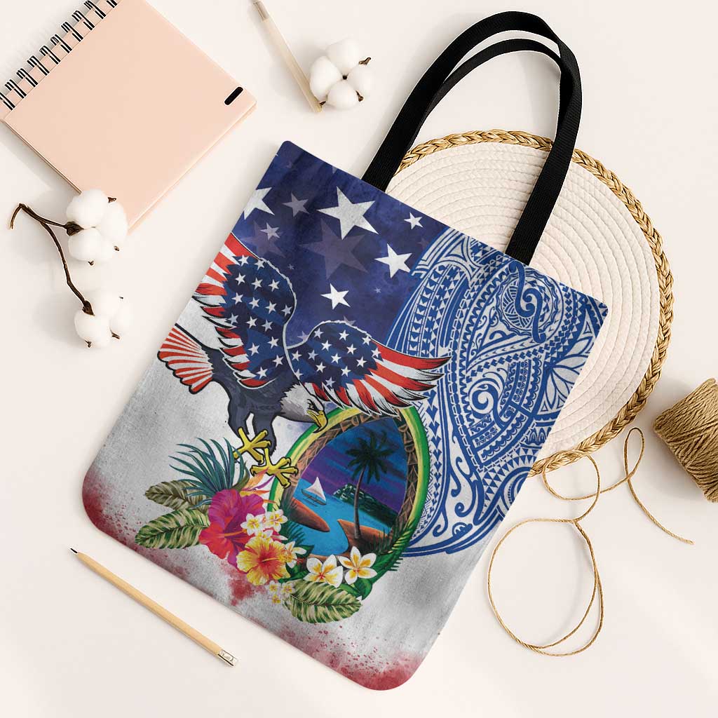 Guam and United States Together Tote Bag Bald Eagle and Guam Seal with Flower and Tribal Tattoos - Polynesian Pride