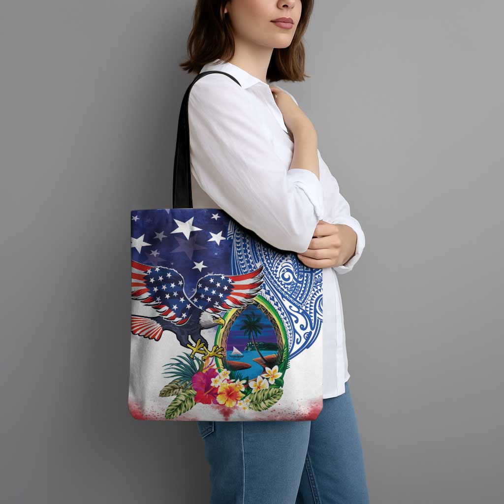 Guam and United States Together Tote Bag Bald Eagle and Guam Seal with Flower and Tribal Tattoos - Polynesian Pride