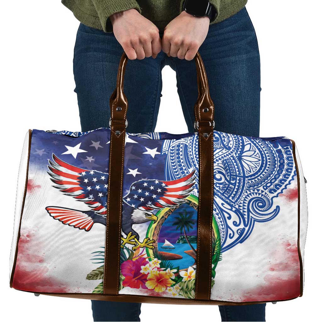 Guam and United States Together Travel Bag Bald Eagle and Guam Seal with Flower and Tribal Tattoos LT03 Multicolor - Polynesian Pride