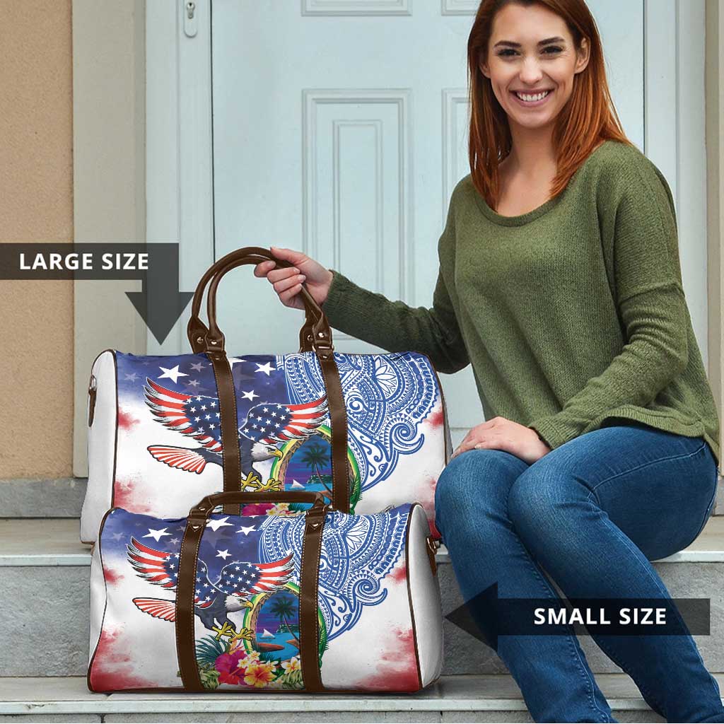 Guam and United States Together Travel Bag Bald Eagle and Guam Seal with Flower and Tribal Tattoos - Polynesian Pride