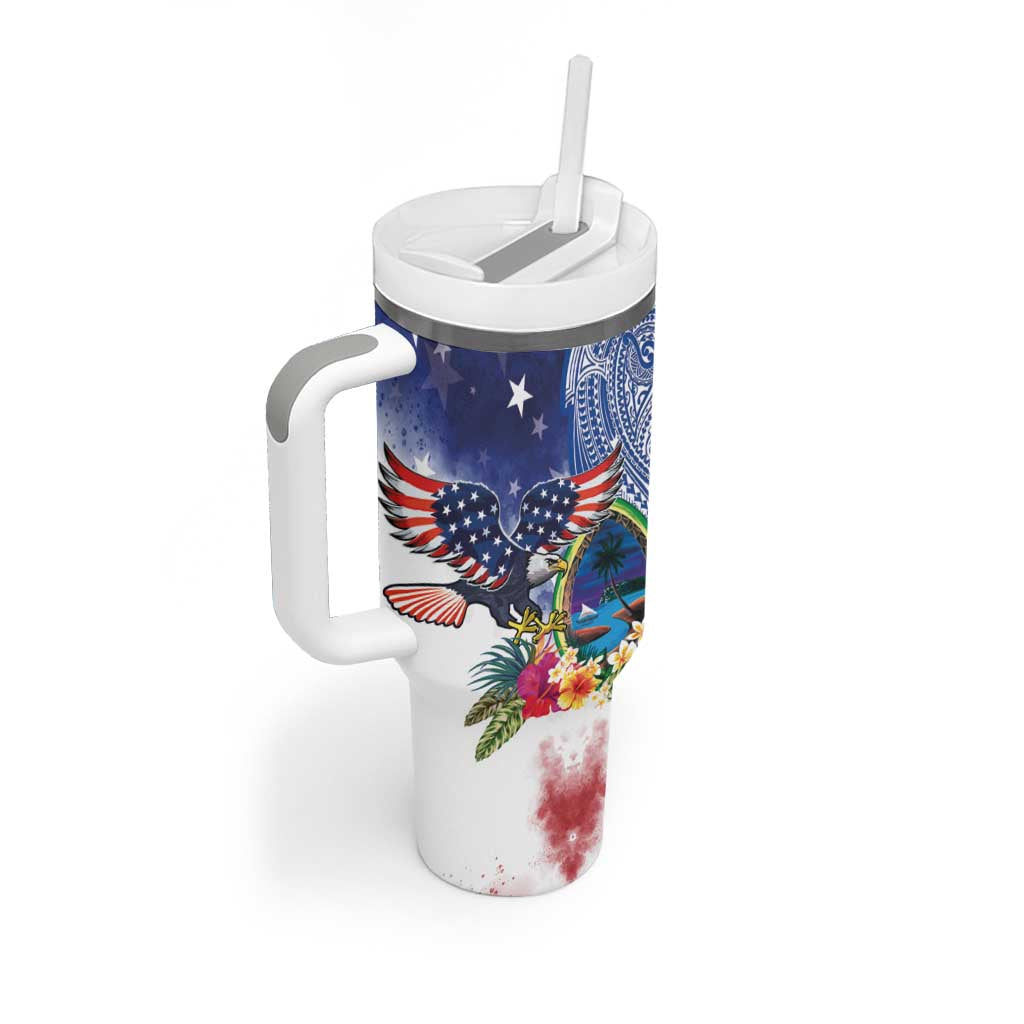Guam and United States Together Tumbler With Handle Bald Eagle and Guam Seal with Flower and Tribal Tattoos - Polynesian Pride