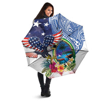 Guam and United States Together Umbrella Bald Eagle and Guam Seal with Flower and Tribal Tattoos - Polynesian Pride