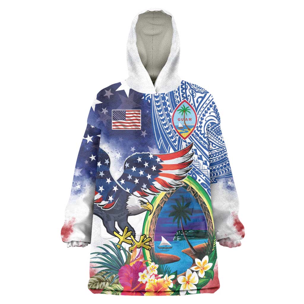 Guam and United States Together Wearable Blanket Hoodie Bald Eagle and Guam Seal with Flower and Tribal Tattoos LT03 One Size Multicolor - Polynesian Pride