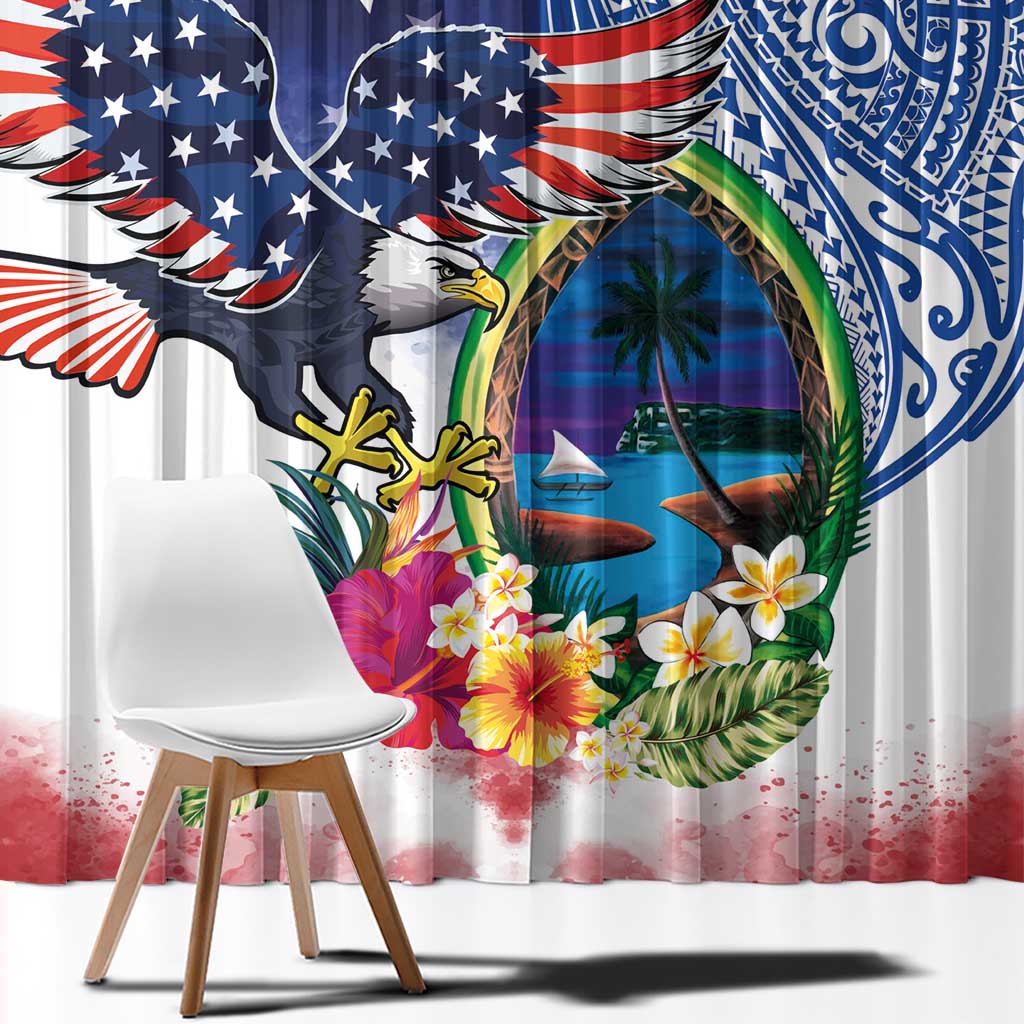 Guam and United States Together Window Curtain Bald Eagle and Guam Seal with Flower and Tribal Tattoos - Polynesian Pride