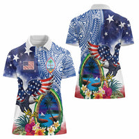 Guam and United States Together Women Polo Shirt Bald Eagle and Guam Seal with Flower and Tribal Tattoos - Polynesian Pride