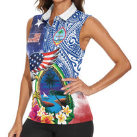 Guam and United States Together Women Sleeveless Polo Shirt Bald Eagle and Guam Seal with Flower and Tribal Tattoos - Polynesian Pride