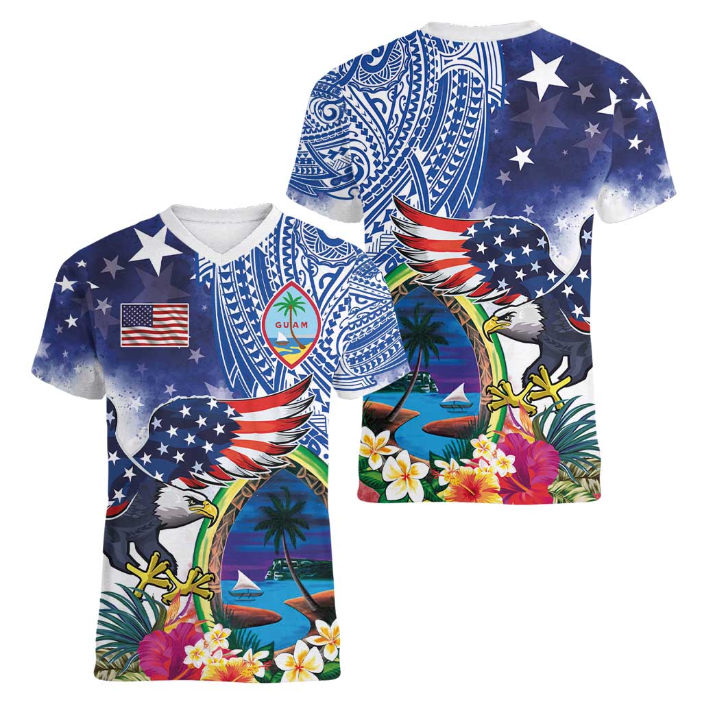 Guam and United States Together Women V-Neck T-Shirt Bald Eagle and Guam Seal with Flower and Tribal Tattoos - Polynesian Pride