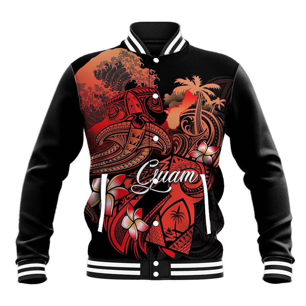 Guam Tribal Chamorro Baseball Jacket Polynesian Shark with Plumeria and Sea Vibe LT03 Unisex Black - Polynesian Pride