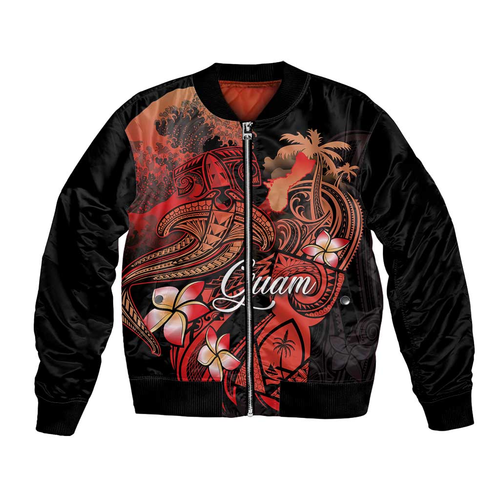 Guam Tribal Chamorro Bomber Jacket Polynesian Shark with Plumeria and Sea Vibe LT03 Unisex Black - Polynesian Pride